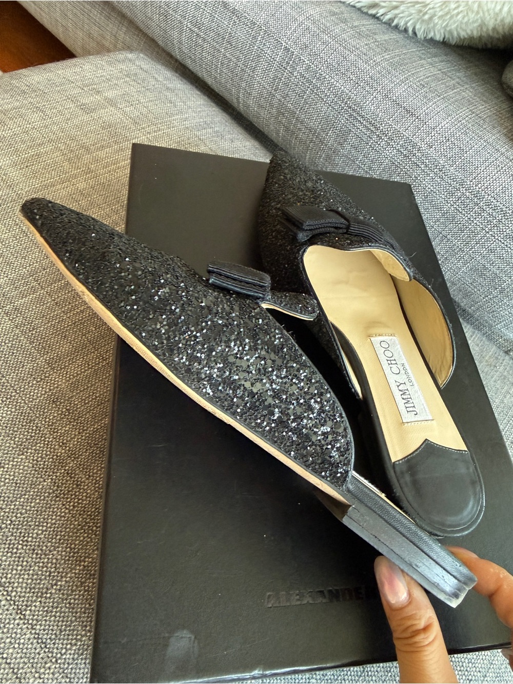 Jimmy Choo Black Glitter Pointed Bow Backless Mules - Picture 2 of 3